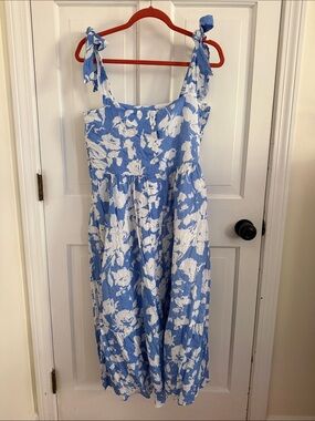 Blue and White Floral Midi Dress with Tie Straps